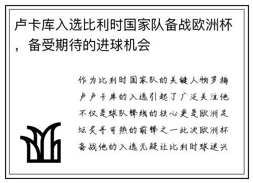 卢卡库入选比利时国家队备战欧洲杯，备受期待的进球机会